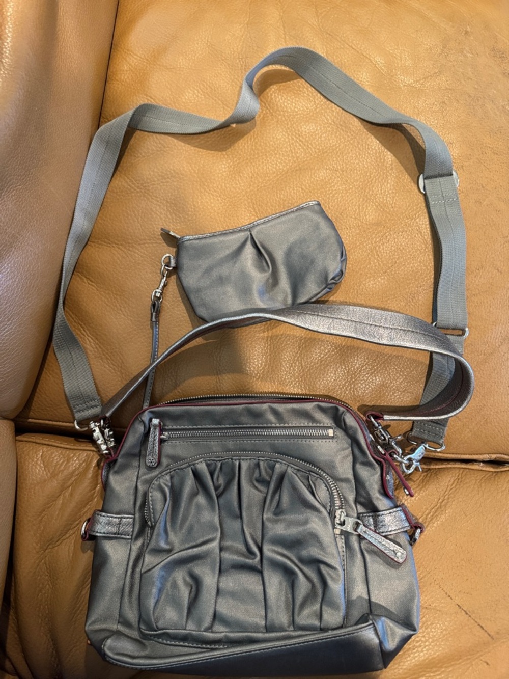 MZ Wallace Lizzy Charcoal Pleated Crossbody with Detachable Pouch